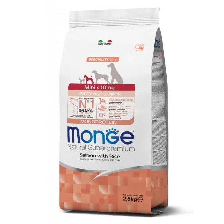 MONGE DOG PUPPY JUNIOR MINI SALMON RICE sausā barība kucēniem Lasis, rīsi 2.5kg